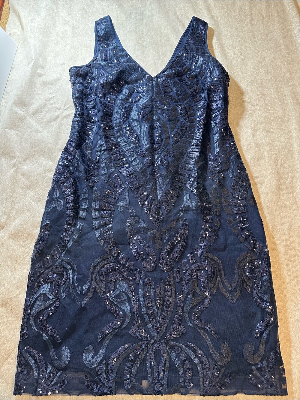 Navy Sleeveless Beaded V-Neck Evening Dress